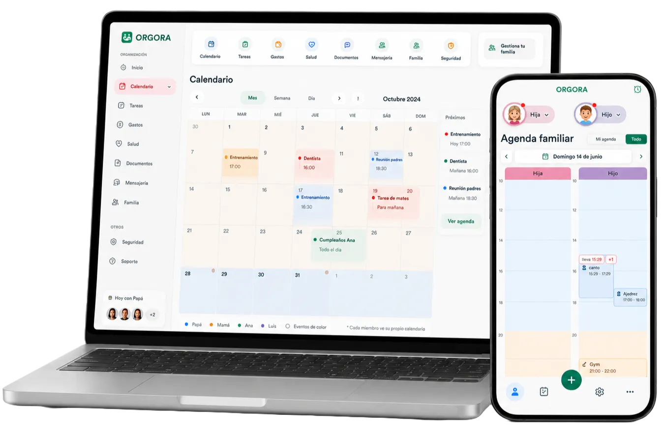 OrgOra en ordenador portátil y móvil mostrando el calendario familiar y la agenda de los hijos