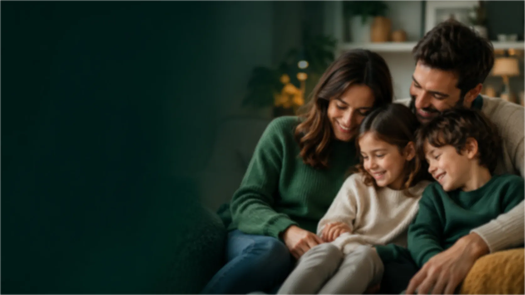 Familia con dos hijos sonriendo juntos en el sofá de casa