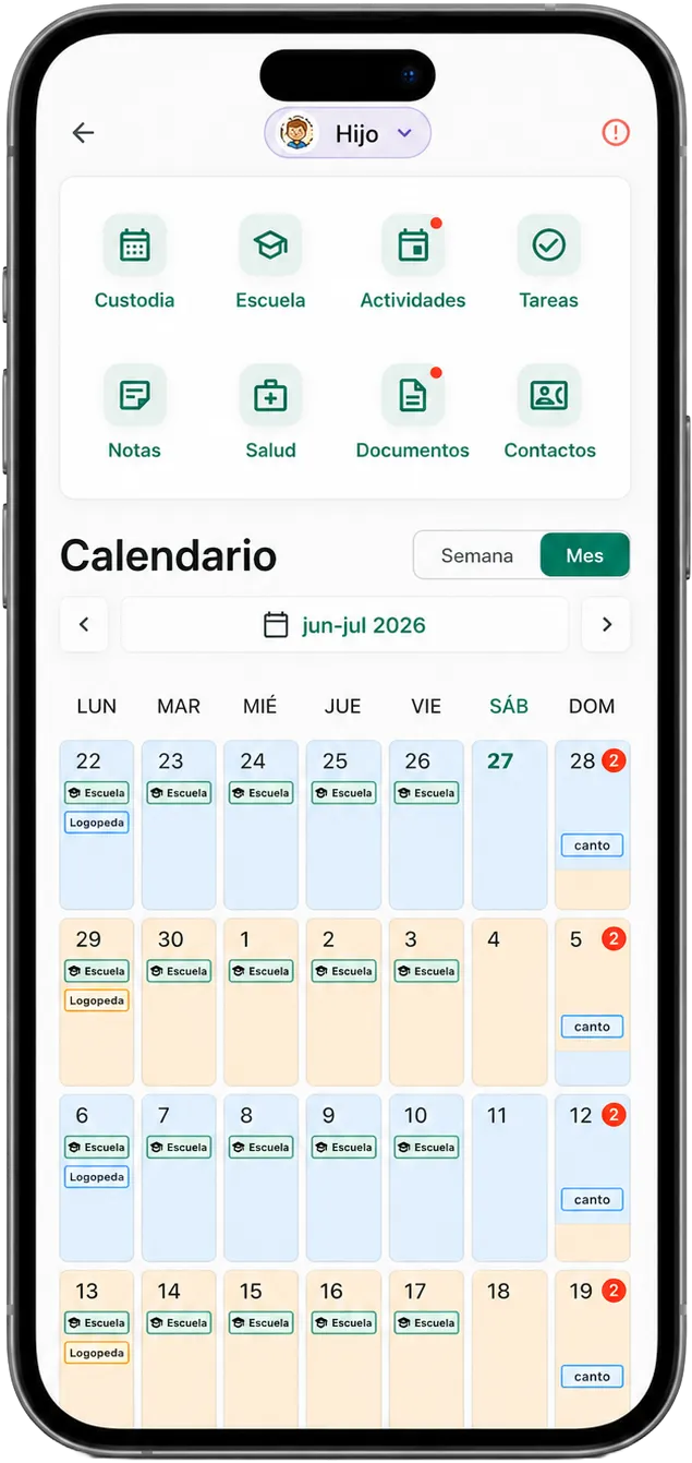 Calendario mensual de OrgOra en el móvil con custodia, escuela y actividades del hijo