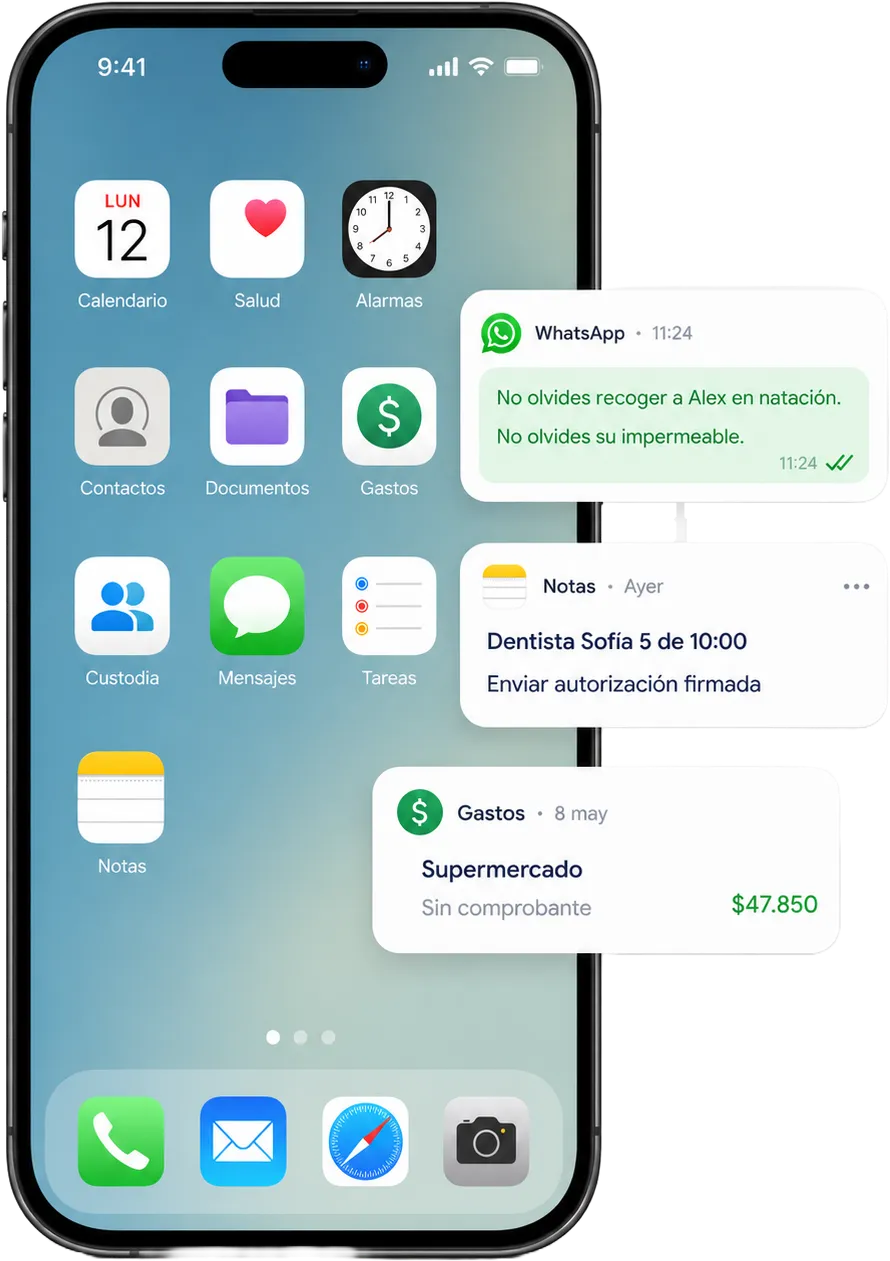 Móvil con la información familiar dispersa entre WhatsApp, notas, calendario y gastos sin comprobante