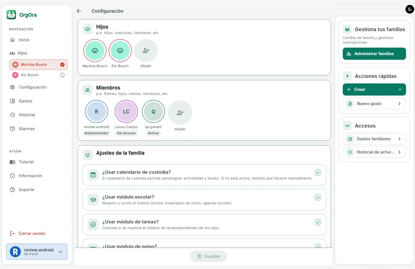 Configuración de la familia en OrgOra web: hijos, miembros y módulos activados