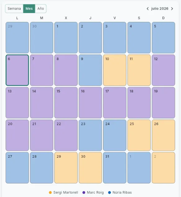 Calendario mensual de custodia en OrgOra con un color para cada tutor