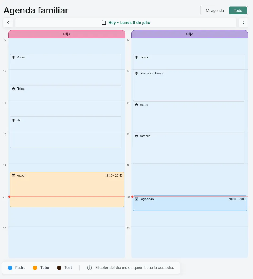 Agenda familiar diaria de OrgOra con las clases y actividades de cada hijo