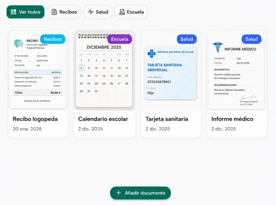 Documentos de OrgOra organizados por categorías: recibos, escuela y salud