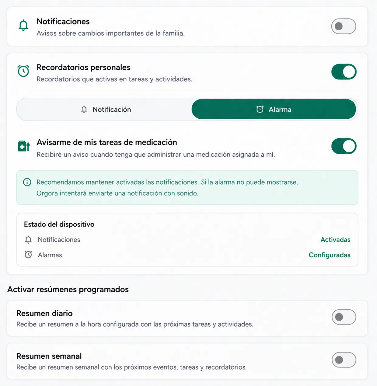 Ajustes de notificaciones, alarmas y resúmenes programados en OrgOra